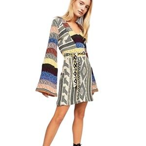Free People Geometric Patchwork Bell Flare Sleeve Sweater Dress Multicolor Large